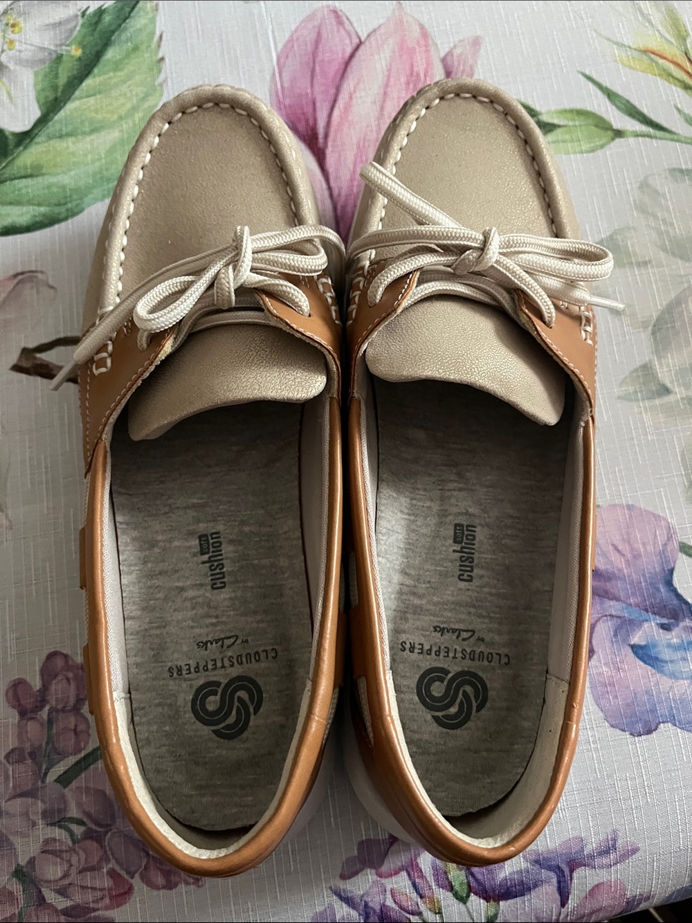 Cloudsteppers by Clarks Metallic Champagne and Tan Slip-On Boat Shoes